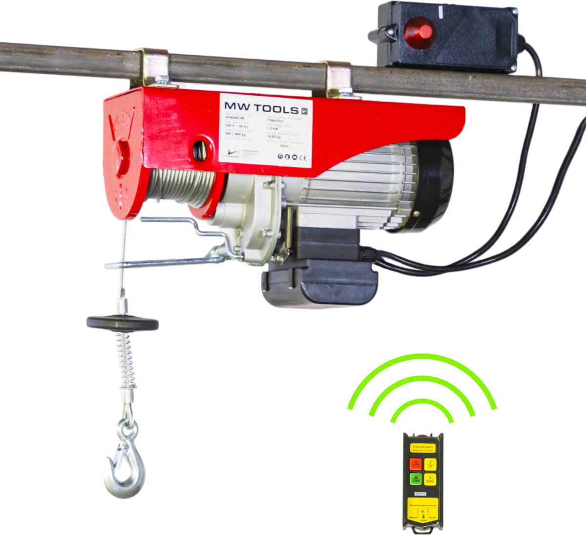 Elektrische kabeltakel 250 kg 12 meter draadloze bediening MW Tools SHN25012R