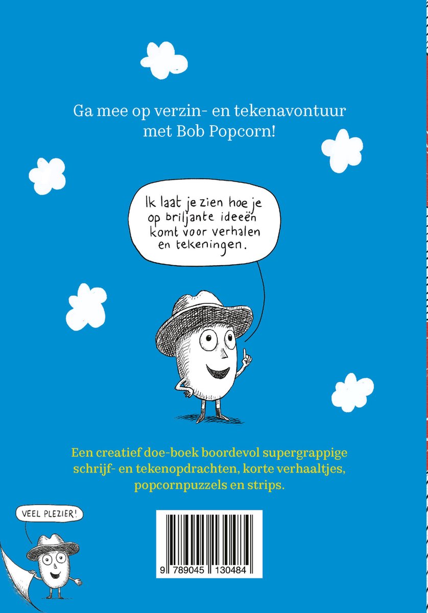 Een blauwe achtergrond met een tekening van Bob Popcorn, die zegt: 'Ik laat je zien hoe je op briljante ideeën komt voor verhalen en tekeningen.'