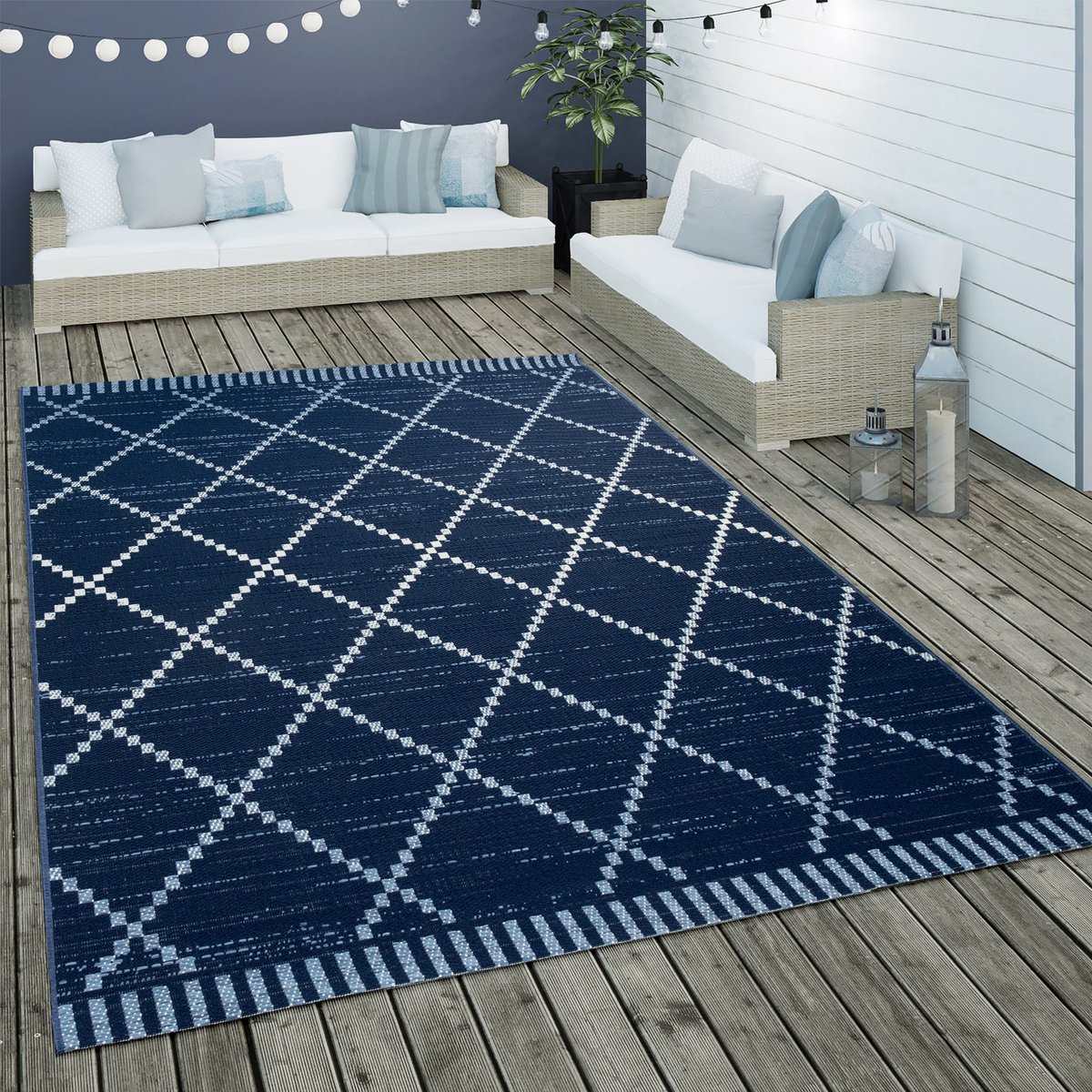 Paco Home Buiten Vloerkleed Platweefsel Ethno Geometrisch Scandinavisch Ontwerp In Blauw Wit 80x150 cm