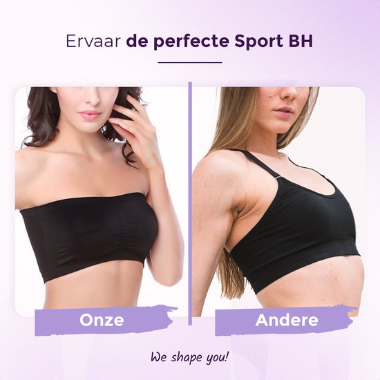 Comparaison d'un soutien-gorge bandeau noir Shapetape avec un soutien-gorge de sport d'une autre marque. Texte "Découvrez le soutien-gorge de sport parfait".