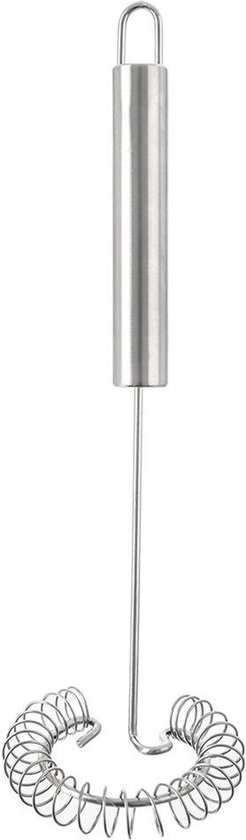 Fouet spiralé en acier inoxydable avec un long manche et une boucle fermée.