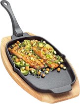 Bol.com Serveerpan op houten plank - 30 x 19 x 25 cm - Afneembaar handvat - Gietijzeren grillpan - Voor groenten vis vlees - Kuc... aanbieding