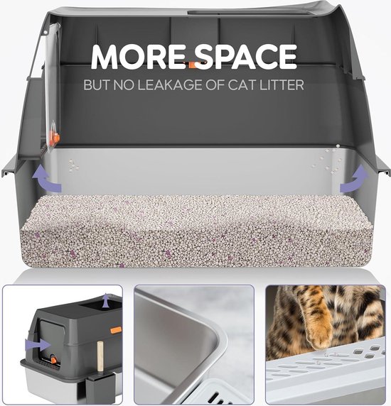 XXL roestvrijstalen kattenbak met deksel, 110° flip-cover design, gesloten kattenbak van roestvrij staal, 40 liter, grote capaciteit met schep en voetpedaal, geurvrij, lekvrij en gemakkelijk te XXL roestvrijstalen kattenbak met deksel, 110° flip-cover design, gesloten kattenbak van roestvrij staal, 40 liter, grote capaciteit met schep en voetpedaal, geurvrij, lekvrij en gemakkelijk te