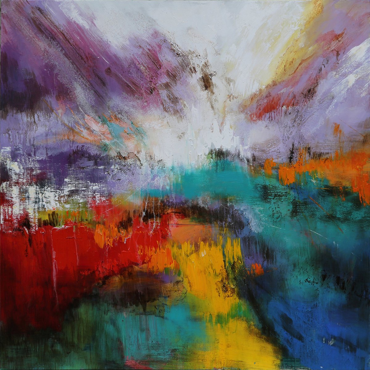 karo-art Schilderij - Handgeschilderd - Explosie van kleuren, olieverf, 100x100 cm. Multikleur