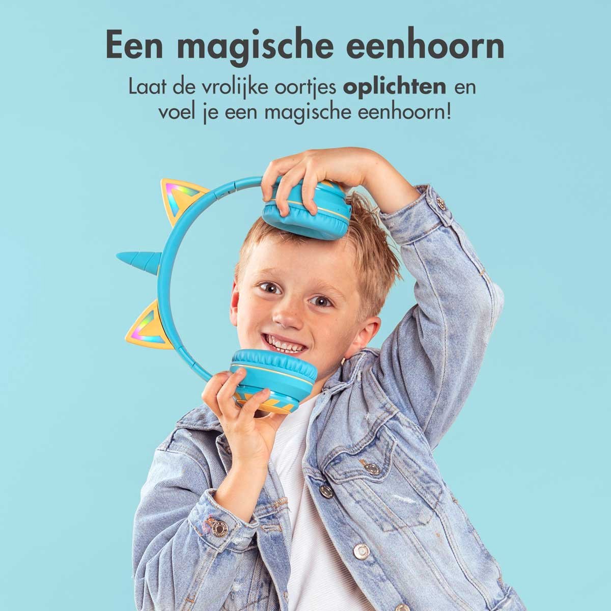 Afbeelding 2 van imoshion Kinder Koptelefoon Unicorn - Met Decibelbegrenzer - Bluetooth Koptelefoon Kinderen - Draadloze Over-Ear Hoofdtelefoon - Soft Blue / Yellow