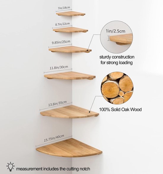 Gieanoo hoekplank, hangend, set van 2, eiken massief houten hoekplank, wandplank, houten vintage landhuisstijl, voor slaapkamer, woonkamer, diamantvorm met draadgat, 28,5 cm