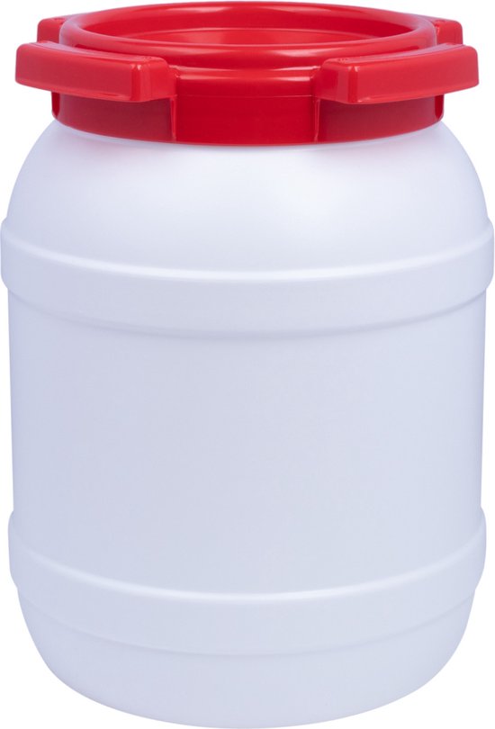 Wit HDPE tonnetje van 6,5 liter met een rood schroefdeksel, ideaal voor opslag.