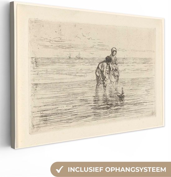 Canvas schilderij 30x20 cm - Wanddecoratie Kinderen spelend met een scheepje aan het strand, Jozef Israëls, 1835 - 1911 - Muurdecoratie woonkamer - Slaapkamer decoratie - Kamer accessoires - Schilderijen