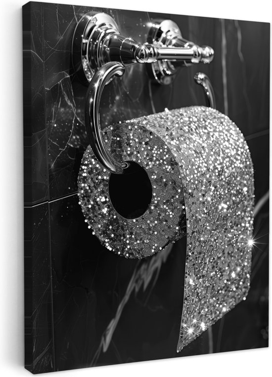 Canvas schilderij 30x40 cm - Wanddecoratie badkamer WC - Toilet papier - Zwart wit - Glitters - Muurdecoratie WC - Decoratieve accessoires - Toilet muur decoratie - Schilderijen op canvas