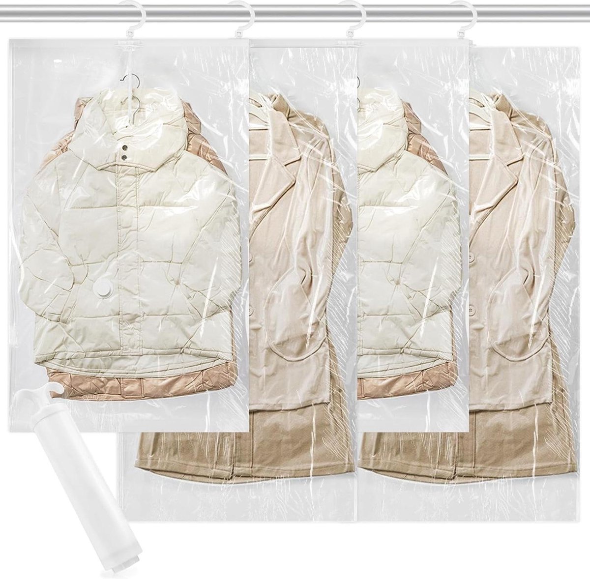 Hangende Vacuum Opbergzakken voor Kleding - 4 stuks - Ruimtebesparende Herbruikbare Stofzuigerzakken - 135cm X 70cm 105cm X 70cm - Pakken Jassen Jacks Jurken Clothes Organizer