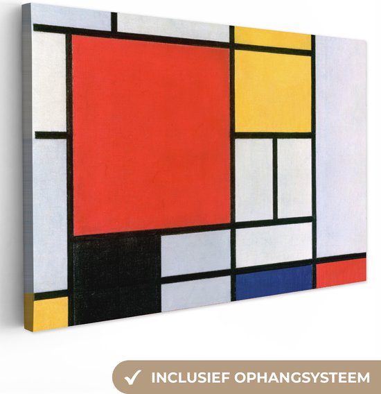 Canvas - Schilderij Mondriaan - Compositie 2 - Kunst - Oude meesters - 90x60 cm - Wanddecoratie - Woonkamer