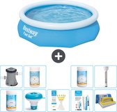 Bestway Rond Opblaasbaar Fast Set Zwembad - 305 x 76 cm - Blauw - Inclusief Pomp Chloor - Chloordrijver - Testrips - Reparatiesetje - Scrubborstel - PH-min - PH-plus - Thermometer