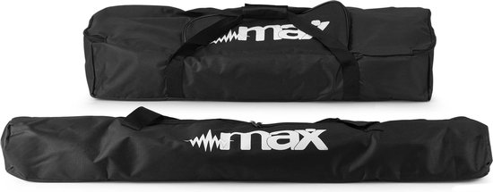 Twee zwarte MAX draagtassen, een langwerpig en een rechthoekig, met witte MAX logo's.