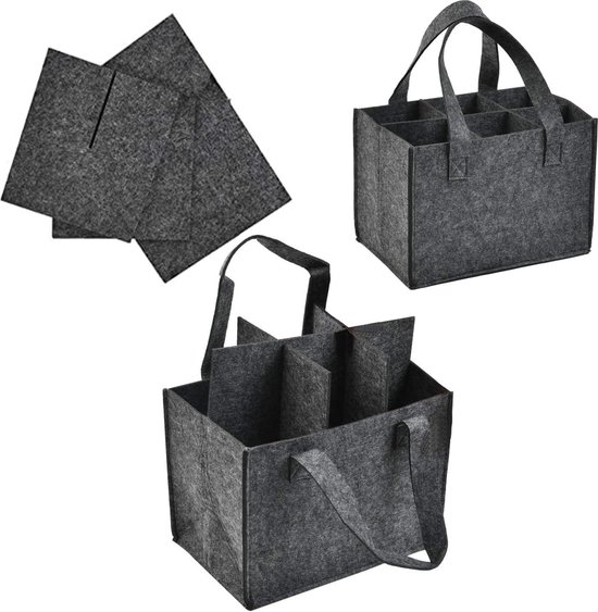 Com-four® 2X Sac à Bouteilles En Feutre - Porte-Bouteilles 6 Bouteilles Avec Poignées, Sac Homme Pliable Gris/Noir