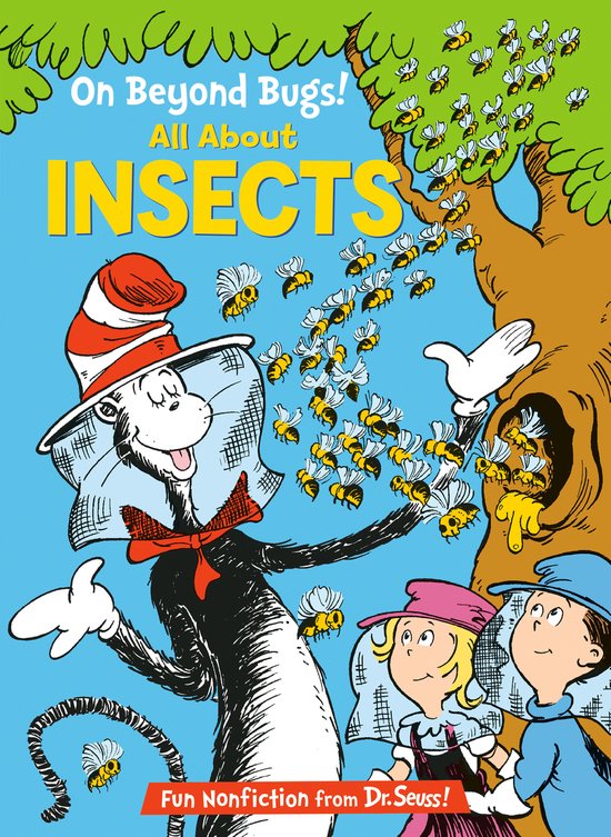 Cat in the Hat draagt een imkerhoed en observeert bijen met twee kinderen in dit boek 'On Beyond Bugs! All About Insects'.