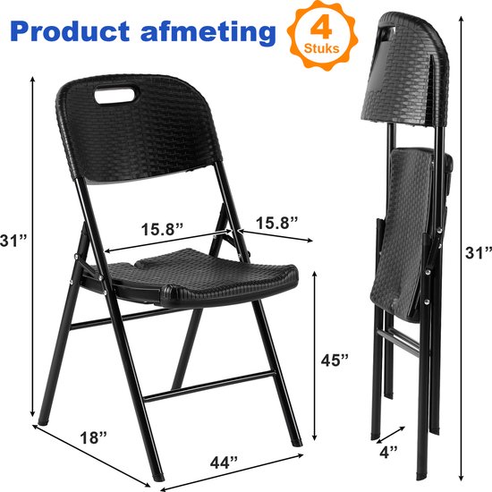 Ensemble de chaises pliantes Bardi 4 pièces – Ensemble de chaises pliantes robustes, résistantes aux intempéries 47 x 54 x 87 cm. – Rotin
