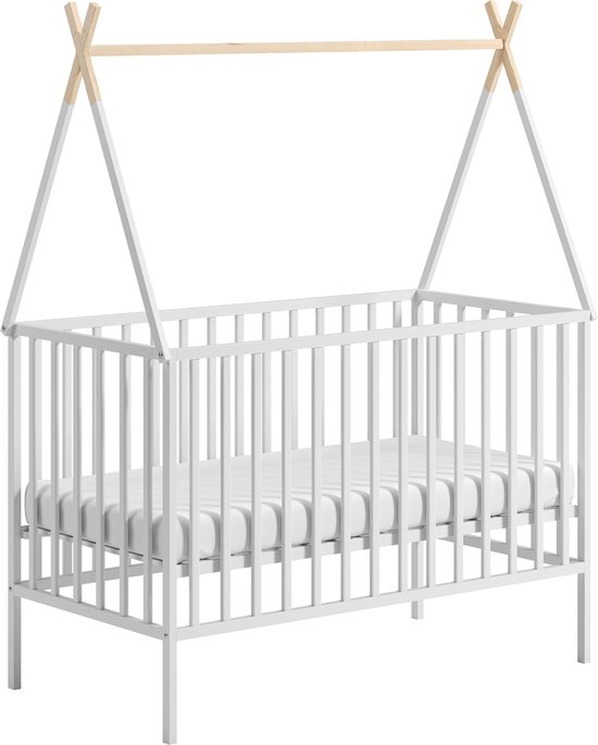 ATB Baby Bed - Beukenhout - Verstelbaar - Inclusief Matras - Wit- 120 x 60 CM