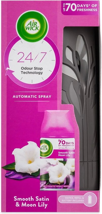 Air Wick Freshmatic Max automatische spray in Smooth Satin & Moon Lily geur. De verpakking toont witte bloemen en is paars met roze accenten. 70 dagen frisheid.