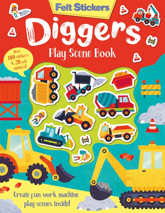 Felt Stickers Diggers Play Scene Book, met meer dan 100 stickers en 20 viltstickers van graafmachines en bouwvakkers.