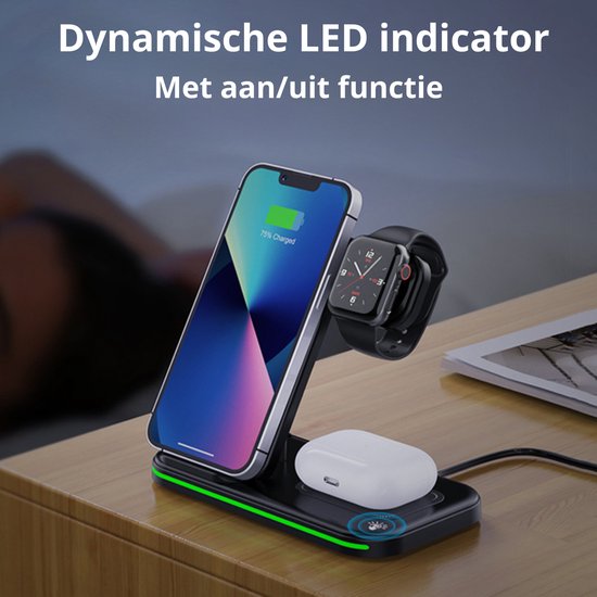 Oplaadstation voor smartphone, Apple Watch en oordopjes. Dynamische LED-indicatoren.