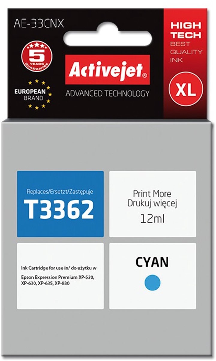 Activejet AE-33BNX inkt (vervanging van Epson 33XL T3351; Supreme; 22 ml; zwart)