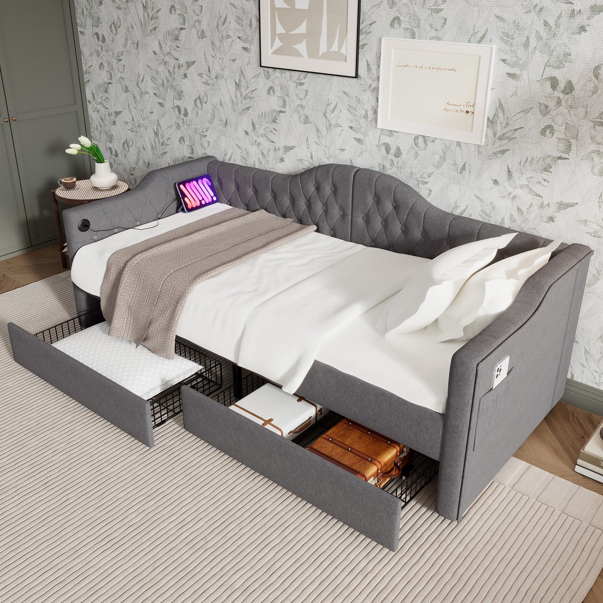 Sweiko Zacht Kussenbed, Slaapbank, Opbergbed met USB C-type Oplaadfunctie bedframe en 2 90x190cm Grijze linnenlades (zonder matras)