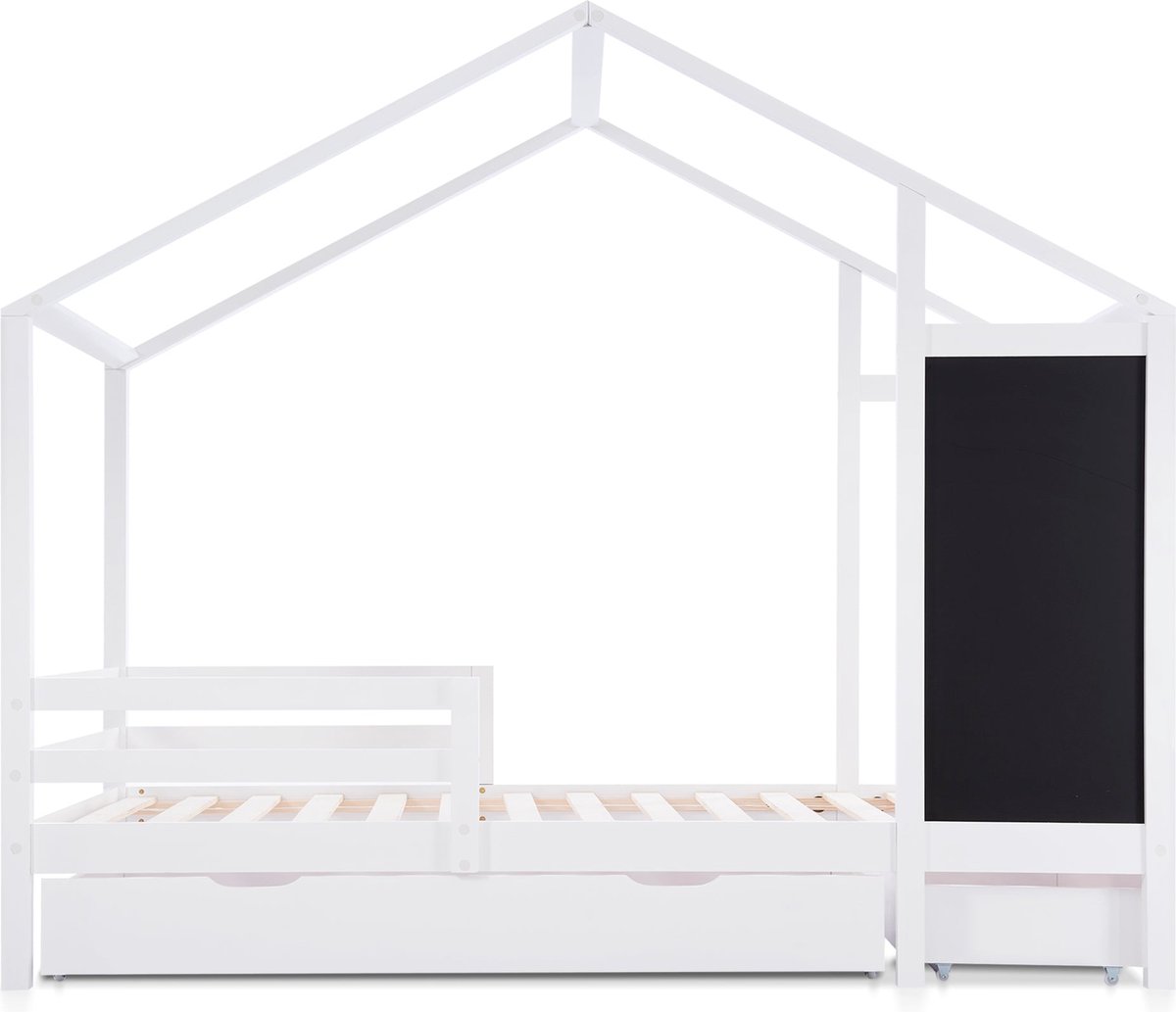 Merax Kinderbed in Huisvorm 90x200 cm - Houten Bed met Tafel en 2 Schubladen - Massief Hout met Zaag en Lattenbodem - Wit (Zonder Matras)