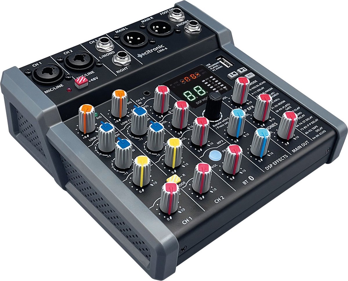 Citronic CMA-6 mixer met DSP, USB Play/Record/PC en Bluetooth 2 mono + 2 stereo