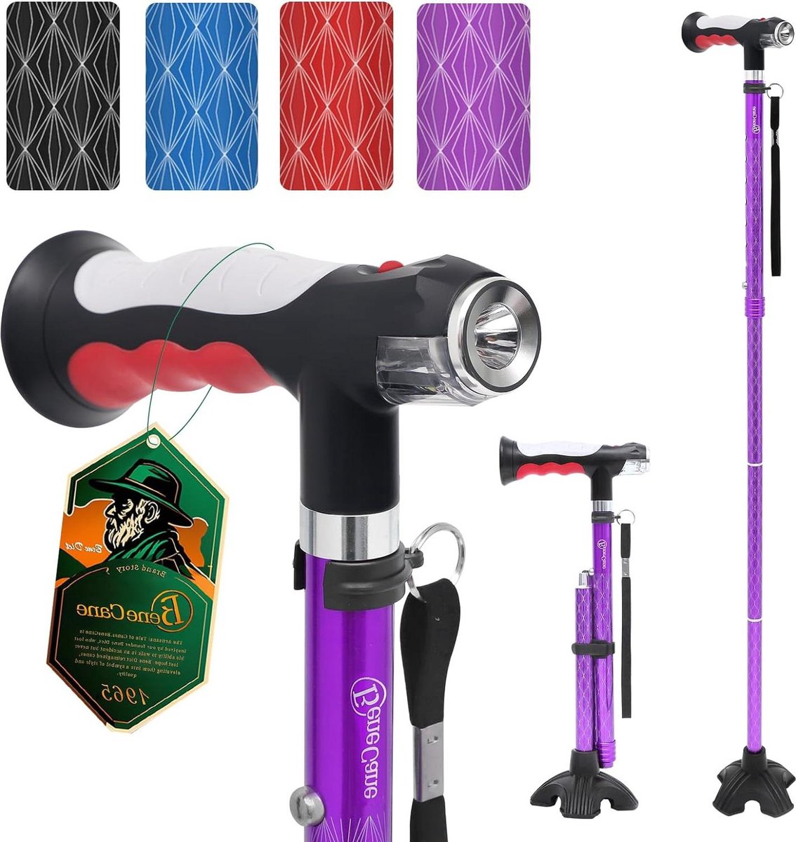 Wandelstok met ledlampen - verstelbaar voor mannen en vrouwen - inklapbaar en licht met T-greep - stabiele basis