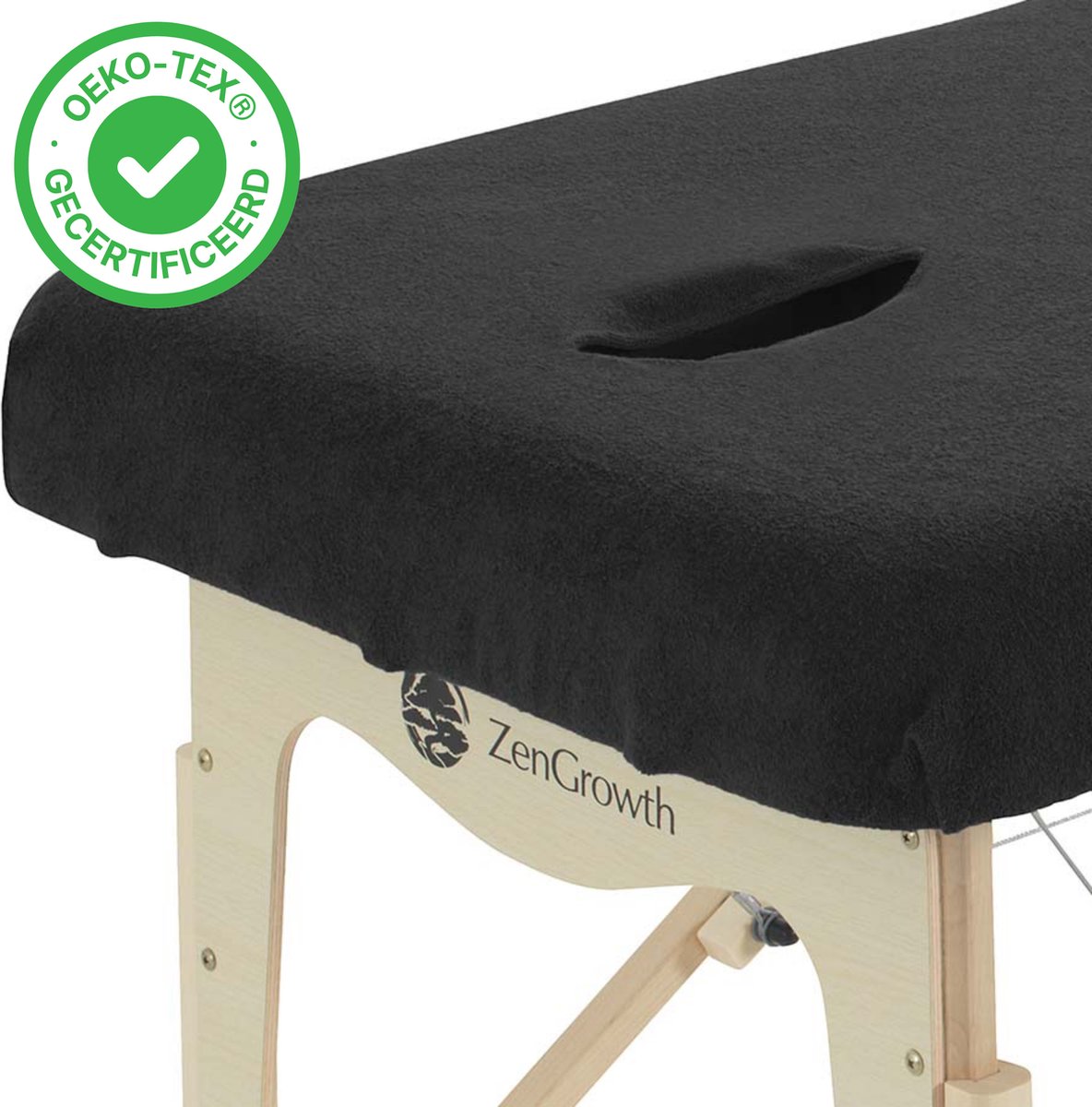 Goedkoopste ZenGrowth® Badstof Hoeslaken Massagetafel Zwart – Met uitsparing – 280 gram/m2 dikte – Geschikt voor massagetafels met lengte 180 tot 185 cm – 63 tot 71 cm breedte – Stretch materiaal