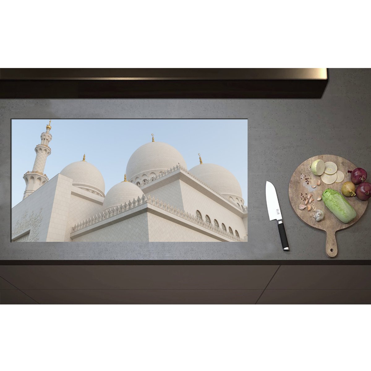 Inductieplaat Beschermer - Bovenkant van Witte Sjeik Zayed Moskee, Abu Dhabi, Verenigde Arabische Emiraten - 95x50 cm - 2 mm Dik - Inductie Beschermer - Bescherming Inductiekookplaat - Kookplaat Beschermer van Wit Vinyl