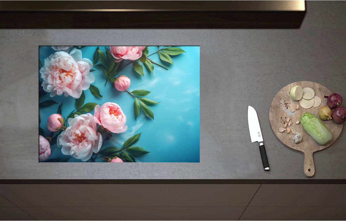 Inductieplaat Beschermer - Chinese Pioen Bloemen op Blauwe Achtergrond - 70x51 cm - 2 mm Dik - Inductie Beschermer - Bescherming Inductiekookplaat - Kookplaat Beschermer van Zwart Vinyl