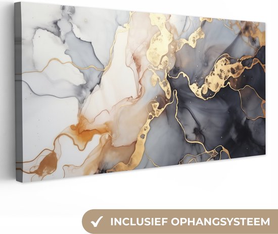 Canvas schilderij 160x80 cm - Marmer zwart wit goud - Kamer decoratie accessoires - Schilderijen woonkamer - Wanddecoratie slaapkamer - Muurdecoratie keuken - Wanddoek interieur binnen - Woondecoratie huis