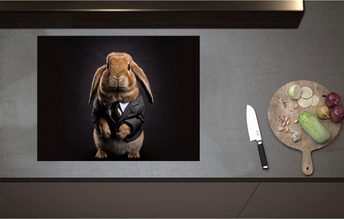 Inductieplaat Beschermer - Bruin Konijn in Zakelijk Pak tegen Donkere Achtergrond - 71x55 cm - 2 mm Dik - Inductie Beschermer - Bescherming Inductiekookplaat - Kookplaat Beschermer van Wit Vinyl