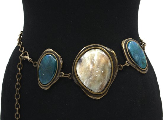 Thimbly Belts Ceinture chaîne bronze avec pierres - ceinture homme et femme - 2 cm de large - Bronze - Métal véritable - Taille : 90 cm - Longueur totale de la ceinture : 105 cm