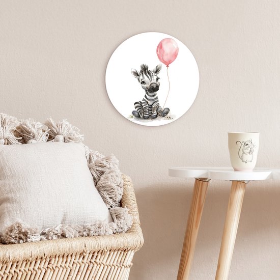 WallCircle® Wandcirkel 30x30 cm - Muurcirkel Zebra - Baby - Dieren - Roze ballon - Muurdecoratie babykamer - Wanddecoratie kinderkamer - Kamer decoratie voor jongens en meisjes - Baby accessoires - Ronde schilderijen