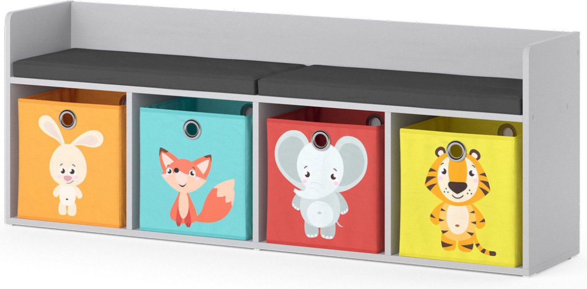 Vicco Luigi Kinderboekenkast – 142.4 x 53.4 cm 4 vakken, met vouwboxen gekleurd Wit
