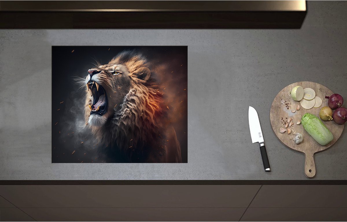 Inductieplaat Beschermer - Brullende Mannetjes Leeuw met Scherpe Tanden - 59x51 cm - 2 mm Dik - Inductie Beschermer - Bescherming Inductiekookplaat - Kookplaat Beschermer van Wit Vinyl