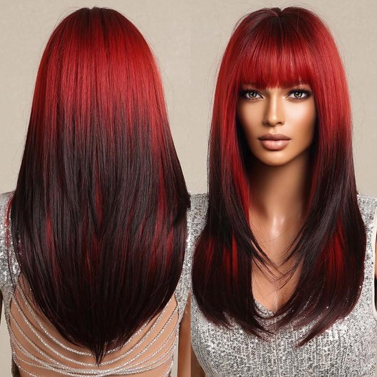 Perruque Synthétique Longue Rouge Foncé Avec Boucles Et Frange - Neuf Sans étiquettes