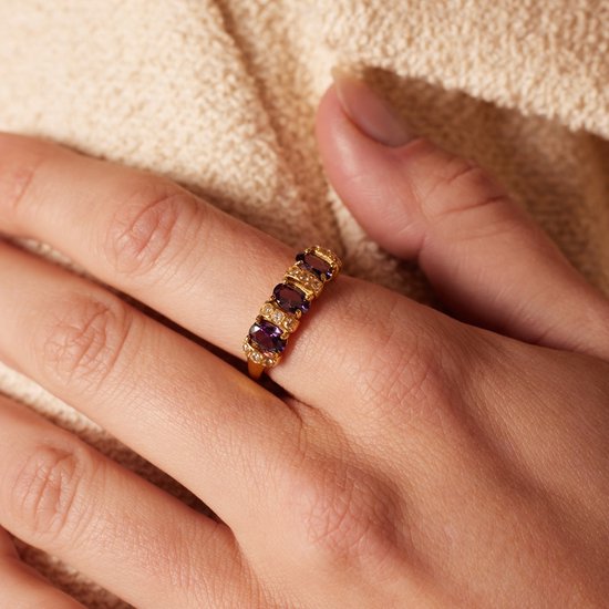 Bague vintage Lucardi Ladies avec zircon violet - Taille 47 - 15mm - Ring - Cadeau - Acier plaqué or - Couleur or