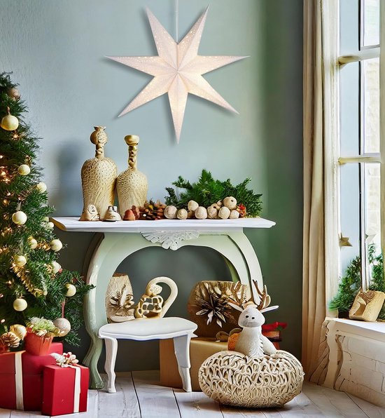 BRUBAKER 3D Hangende Kerstster – Raampapier Ster met E14 Voet – 60 cm Advent Ster met Decopatroon – Kerst Lichtster Set met 3,5 m Kabel – Ophangen – Wit
