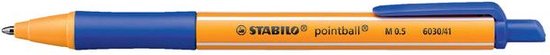 Oranje Stabilo Pointball balpen met blauwe grip en dop. Tekst: STABILO pointball M 0.5 6030/41.