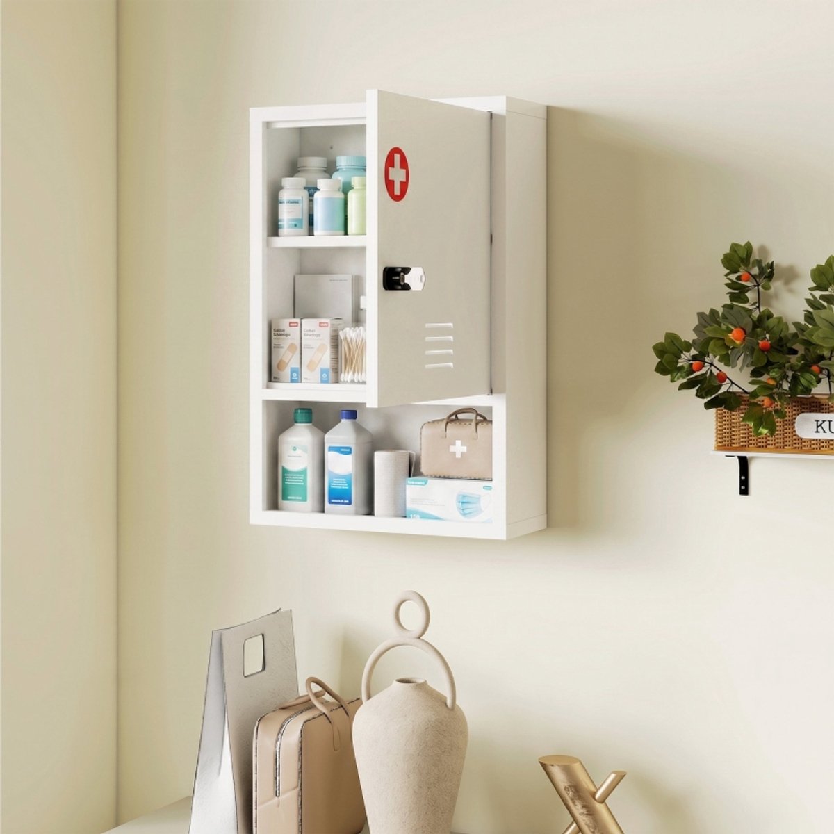 REDOM- Medicijnkastje - wandmontage met mechanisch slot en codeslot met sleutel - stalen constructie - 2 niveaus met open vak - badkamer en huisapotheek - Wit - 40 x 15 x 60 cm