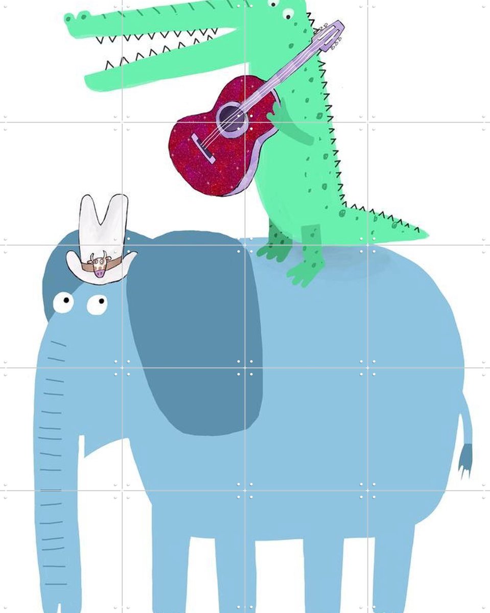 IXXI Elephant with a Guitar Playing Crocodile, Carla Daly - 80 x 100 cm - Gratis ophangtool - Grote wanddecoratie en posters - Kleurrijk