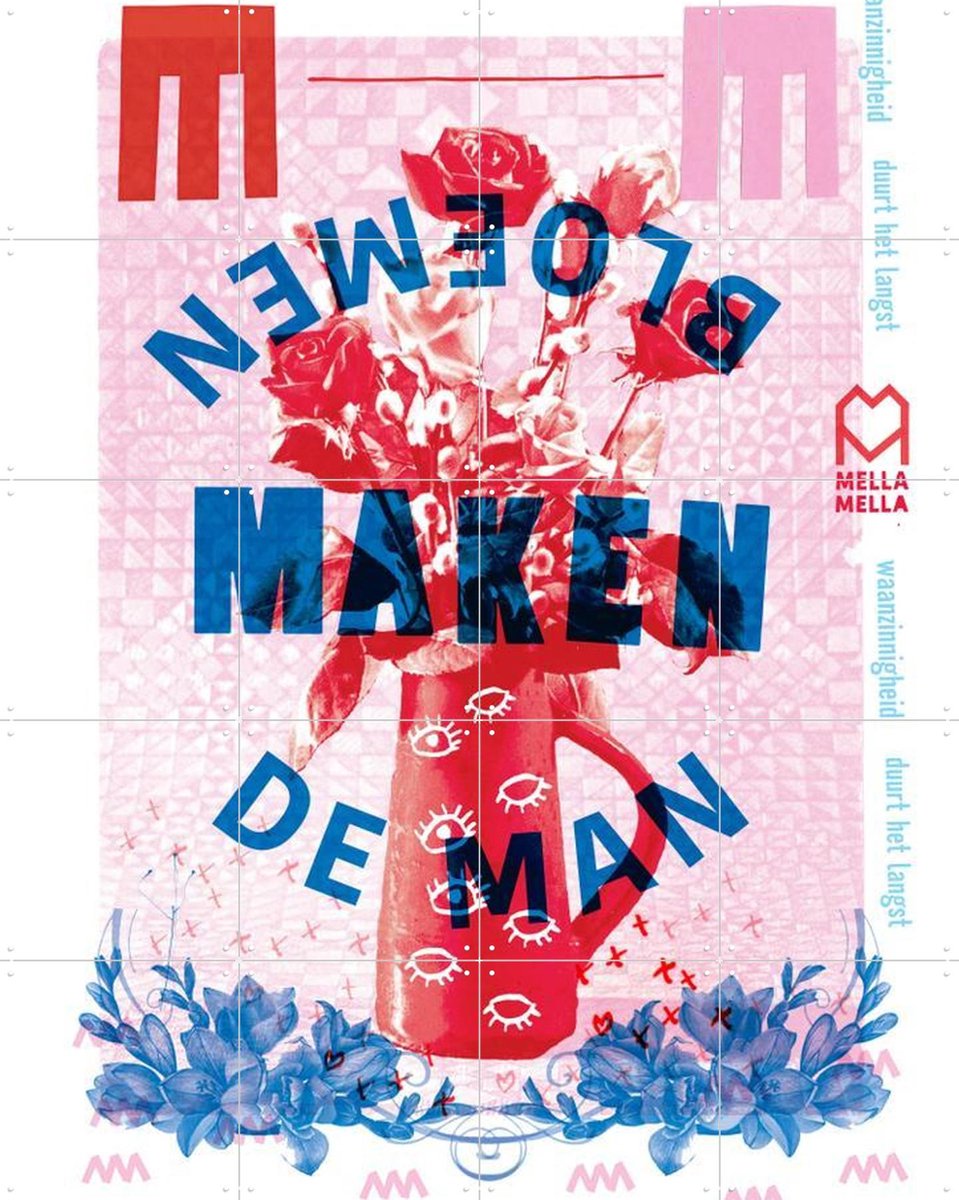 IXXI Bloemen maken de Man, Mella Mella - 80 x 100 cm - Gratis ophangtool - Grote wanddecoratie en posters - Houtsnede, Kleurrijk, Illustraties