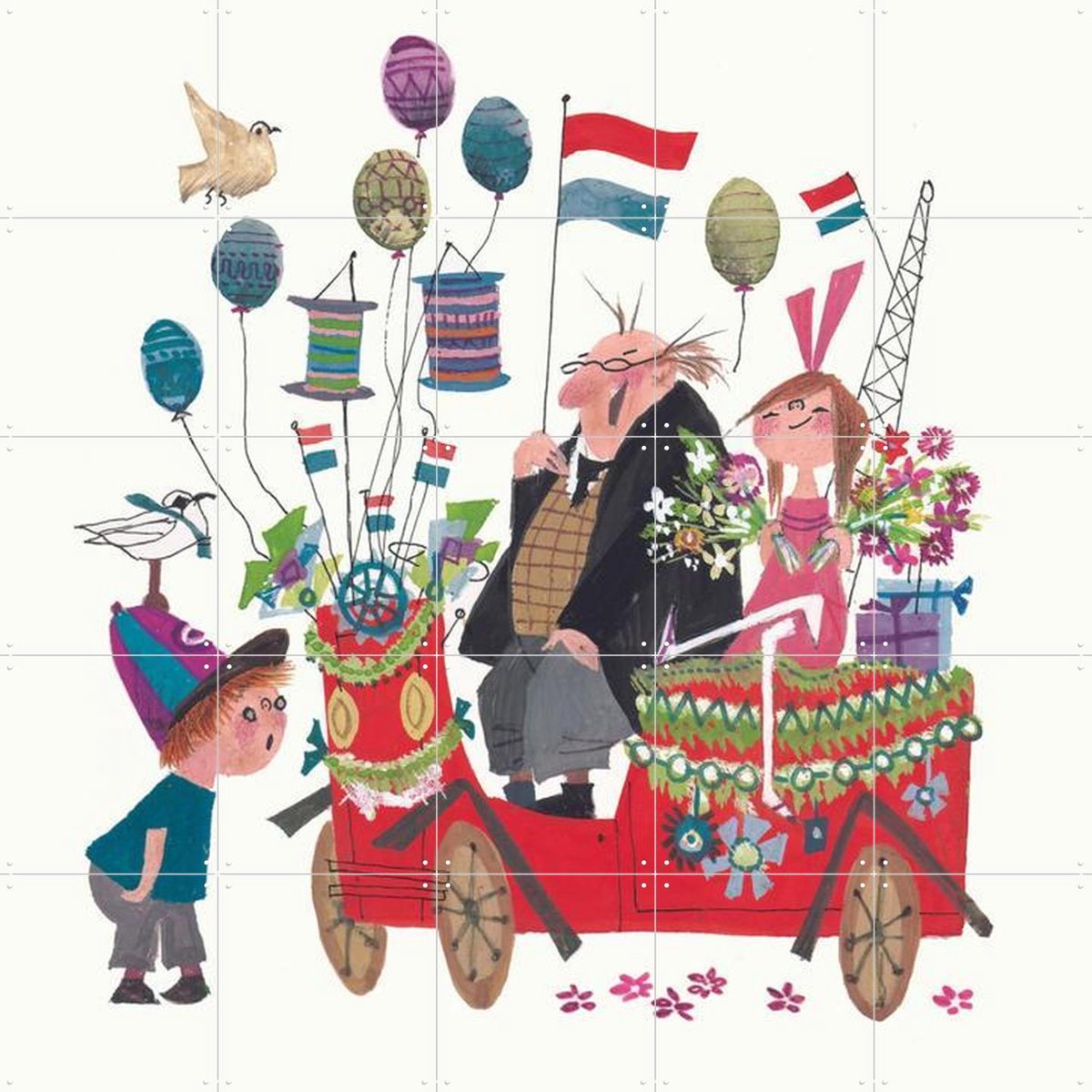 IXXI Feestje, Fiep Westendorp - 100 x 100 cm - Gratis ophangtool - Grote wanddecoratie en posters - Illustraties, Kleurrijk, Speels, Vintage