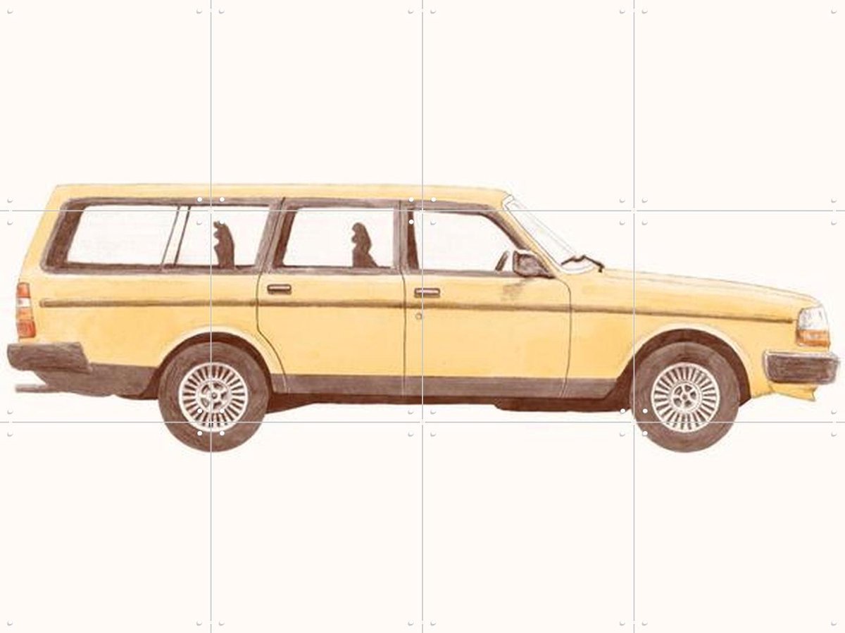 IXXI Vintage Yellow Car, Florent Bodart - 80 x 60 cm - Gratis ophangtool - Grote wanddecoratie en posters - Vintage, Illustraties, Mancave