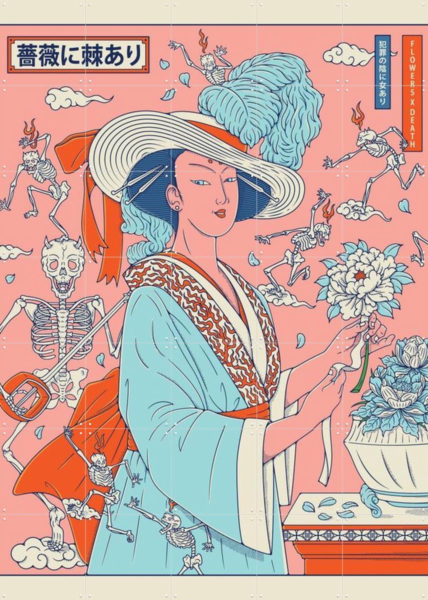IXXI Flowers x Death, Ryan Ragnini - 100 x 140 cm - Gratis ophangtool - Grote wanddecoratie en posters - Speels, Digitale Kunst, Ukiyo-e, Grafisch