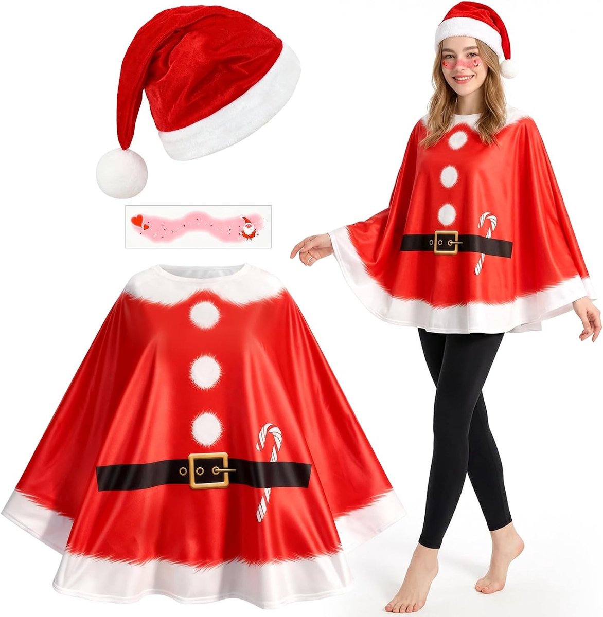 Drie-delige Kerstkostuum voor Vrouwen met Kerstcape, Santa Hoed, Haarband en Gezichtstatoeages voor Feestjes en Cosplay