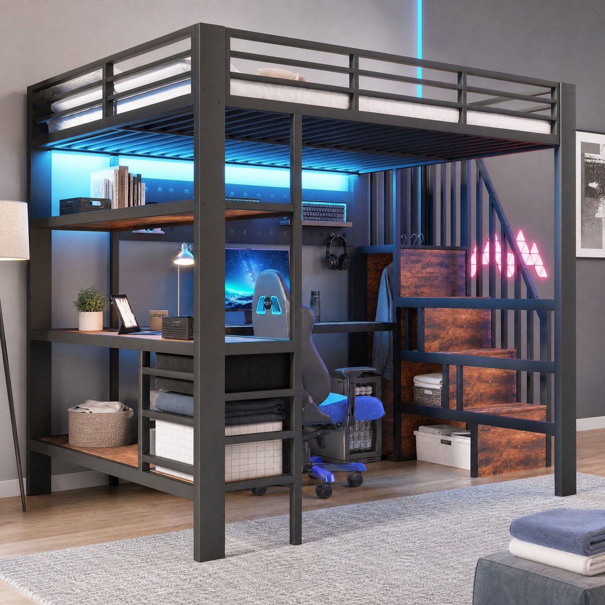COVREO Hoogslaper met bureau – 140x200 cm – Metalen bed met MDF – opbergruimte en LED-verlichting – Zwart - zonder matras